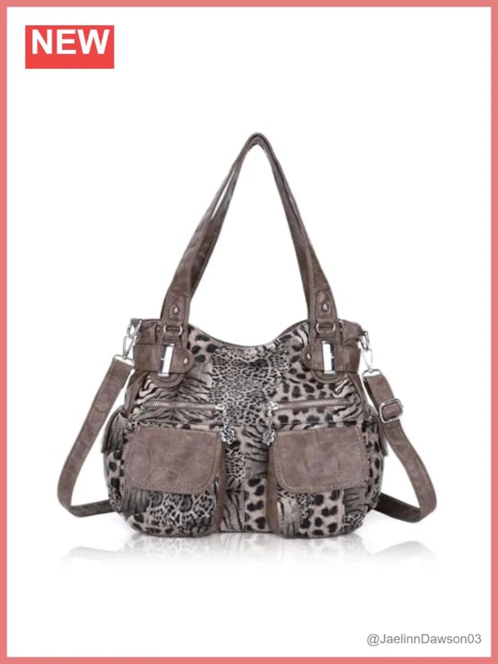 Large Faux Leather Hobo Bag Double Zipper Multi Pocket Washed PU Shoulder Purse
